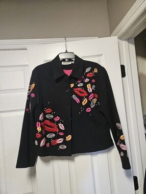 ANAGE Embroidered  Colorful Tossed Lips Beads Sequins Black Jacket Sz M